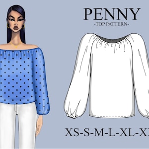 Puede incluir: Ilustración de un top azul con hombros descubiertos y lunares negros, combinado con pantalones blancos. Se muestra un dibujo técnico del top junto a la ilustración. El texto dice "PENNY - TOP PATTERN" y "XS-S-M-L-XL-XXL".
