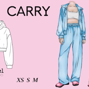 May include: Illustration of a light blue tracksuit with a matching zip-up hoodie and wide-leg pants. The word "CARRY" is at the top, with sizes XS, S, and M below. A line drawing of a cropped hoodie is on the left.