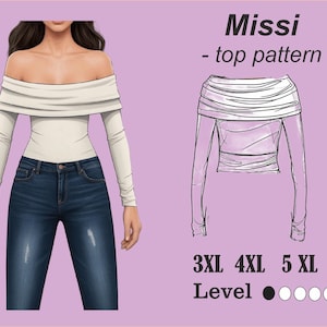 May include: An off-the-shoulder top with long sleeves, paired with blue jeans. The image also shows a line drawing of the top. Text on the image reads "Missi - top pattern - 3XL 4XL 5 XL Level".