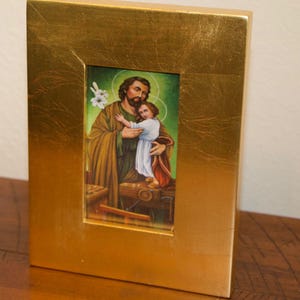 Handcrafted Gold Leaf Framed Image of Saint Joseph with Child Jesus – Catholic Religious Home Decor