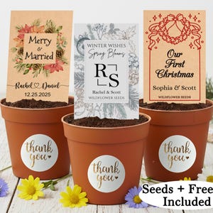 Custom First Christmas Married Seed Packets, Free Pot Included, Monogram Couple Gift, Newlywed Holiday Favors, Personalized Xmas Party Favor