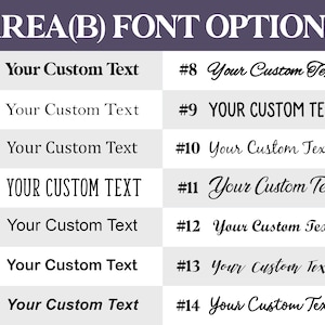 May include: A graphic displaying font options labeled "AREA(B) FONT OPTIONS." Fourteen font styles are shown, each with a number and the text "Your Custom Text." Font styles vary from bold to cursive.