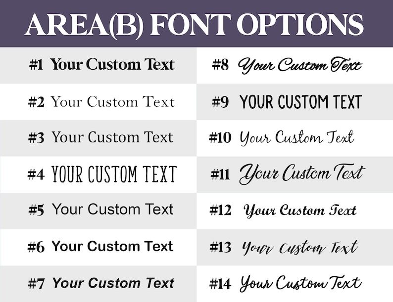 May include: A graphic displaying font options labeled "AREA(B) FONT OPTIONS." Fourteen font styles are shown, each with a number and the text "Your Custom Text." Font styles vary from bold to cursive.