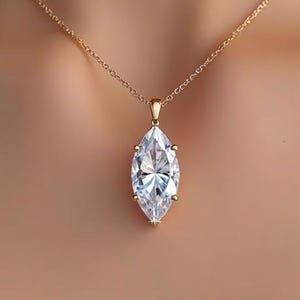 Marquise Cut Solitaire Pendant Necklace / Marquise Cut Simulated Diamond Necklaces for Women / Solid Gold Necklace / Bridal Jewelry TGJ