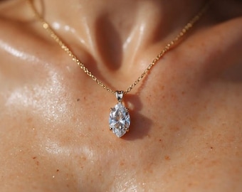 Solid Gold Marquise Cut Solitaire Pendant Necklace, Simulated Diamond Bridal Jewelry