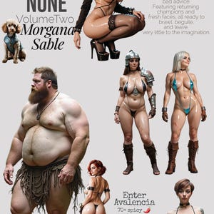Puede incluir: Anuncio de "Daring Fantasy" Volumen Dos, con ilustraciones de personajes con poca ropa. El texto incluye "Armor Class: NONE" y "Enter Avalencia", con texto promocional que destaca el contenido como picante y generado por IA.