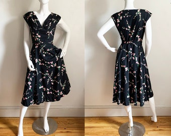 1950s Black Cotton Floral Dress