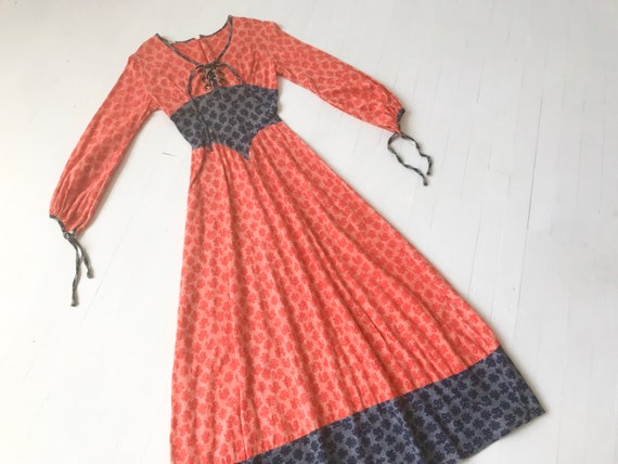 1970s Printed Lace Up Maxi Dress