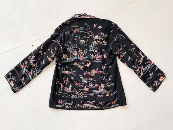 Vintage Embroidered Chinoiserie Black Silk Jacket - image 5