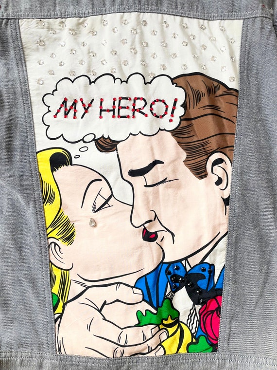 1980s Rhinestone Lichtenstein Comic Denim Jacket - image 5