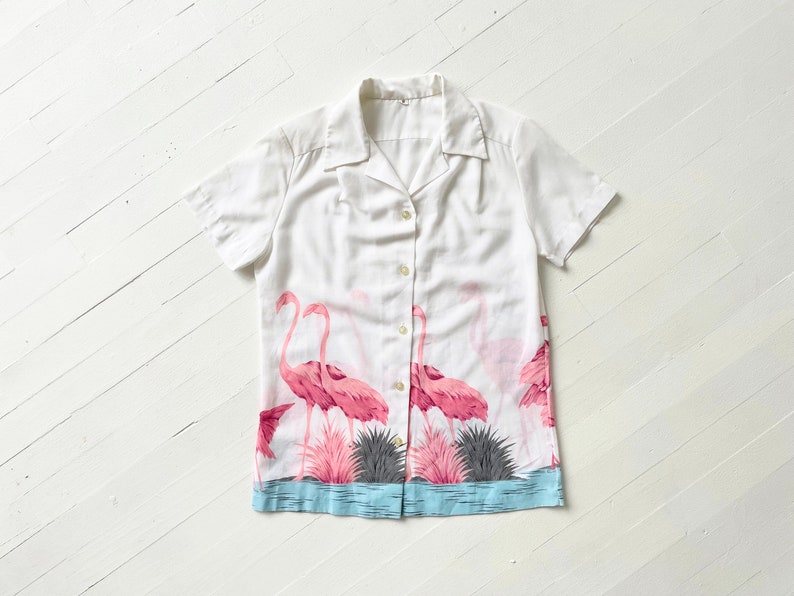Vintage White Flamingo Print Shirt image 1