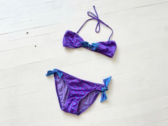 1980s Purple + Blue Dotted and Striped Bikini - image 1