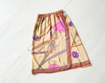 Falda de seda botánica rosa de los años 80, estilo cruzado con estampado de bordes, talla XS/S vintage