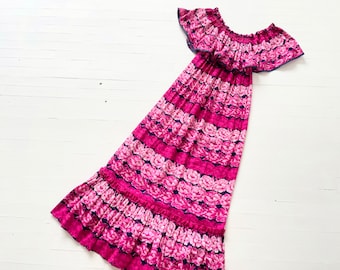 1970s Rose Print Cotton Maxi Dress – Vintage Flutter Sleeve Gown, XL/XXL