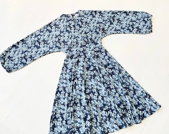 1980s Blue Floral Print Cotton Dress