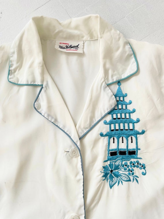 1950s Embroidered White + Blue Pyjama Set - image 2