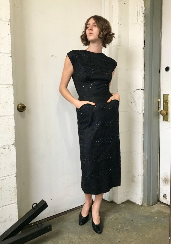 1950s Black Lace and Rhinestone Dress