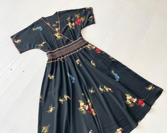 1970s Black Floral Print Dress