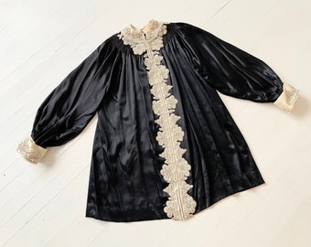 1970s Embellished Black Satin Dress with Balloon Sleeves