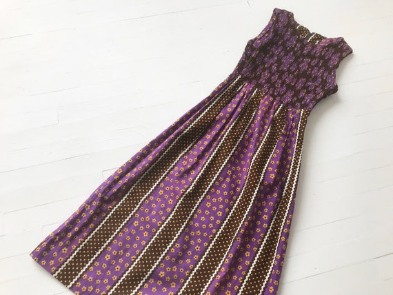 1970s Purple Floral + Polka Dot Print Maxi Dress