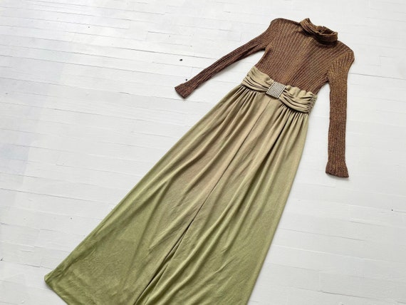 1970s Metallic Gold + Green Dress with Rhinestone… - image 6