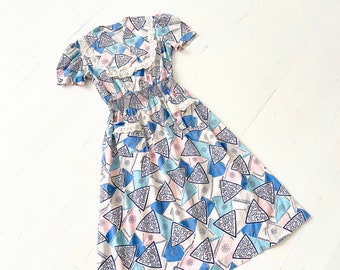 1940s Pastel Printed Cotton Dress with Eyelet Trim