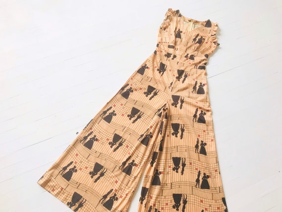 1970s Victorian People Print Wide Leg Jumpsuit