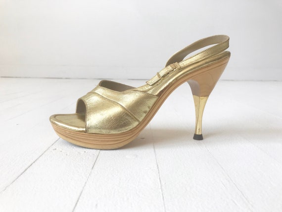 1960s Gold Leather Platform Sandals