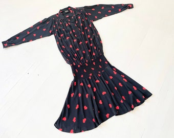 1980s Heart Print Black Dress