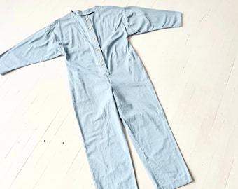 Vintage Blue Cotton Jumpsuit with White Buttons