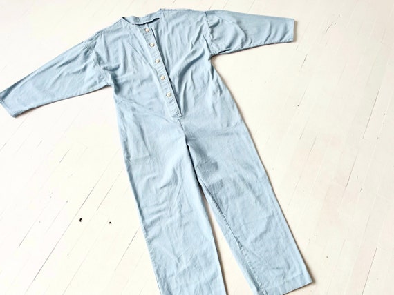 Vintage Blue Cotton Jumpsuit with White Buttons - image 1