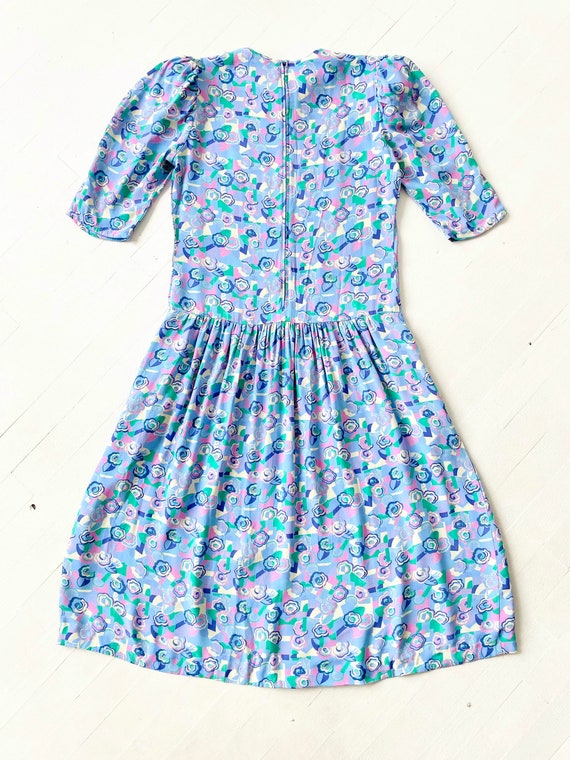 1980s Belle France Blue Printed Rayon Crepe Dress - image 5