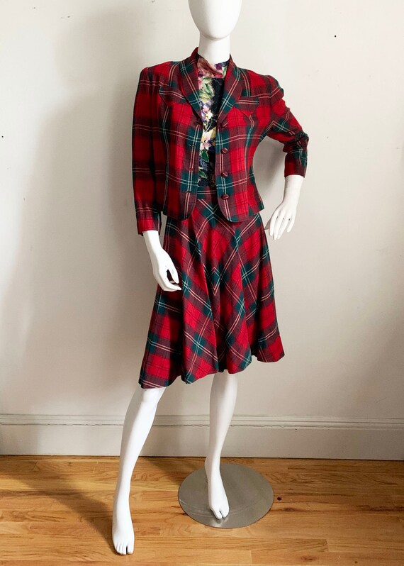 1940s Red & Green Plaid Skirt Suit