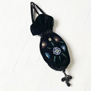 Edwardian Beaded Floral Black Velvet Bag