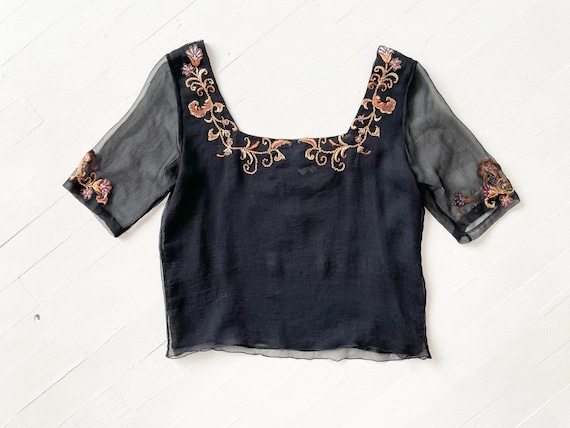 Vintage Embroidered Black Silk Blouse - image 5