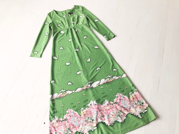 1970s Green Novelty Print Maxi Dress