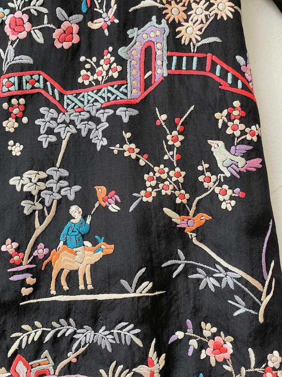 Vintage Embroidered Chinoiserie Black Silk Jacket - image 6