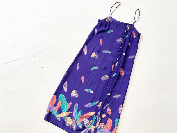1980s Purple Feather Print Dress - image 1
