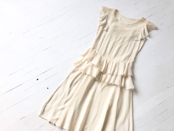 1930s Ruffled Embroidered Cotton Voile Dress