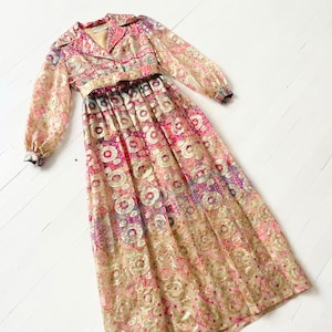 Vestido largo brocado Oscar de la Renta, años 70: vestido abstracto colorido, talla XS/S vintage