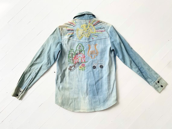 1970s Embroidered Beaded Blue Denim Shirt - image 1