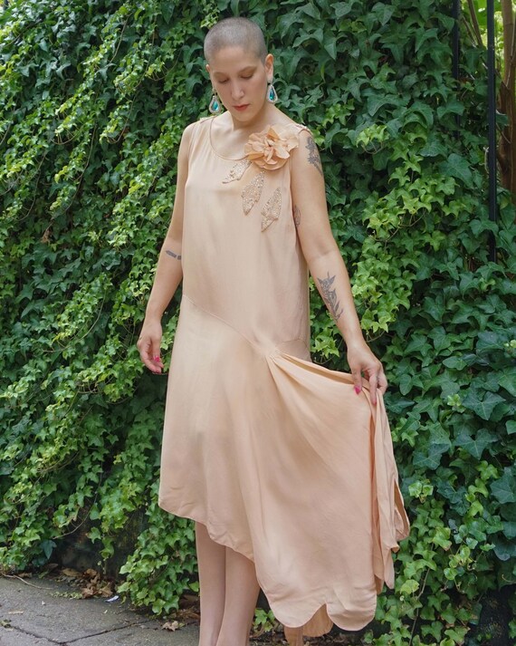 1920s Peach Silk Rhinestone Dress
