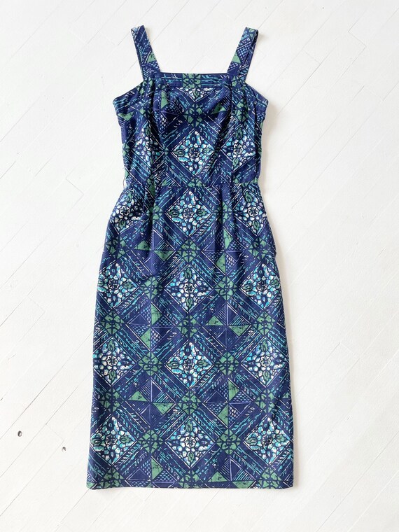 1950s Blue Batik Print Wiggle Dress - image 3