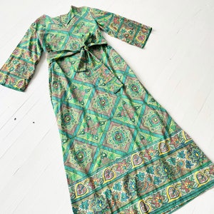 1970s Ramona Rull Green Printed Caftan Dress with Embellished Mirrors image 1