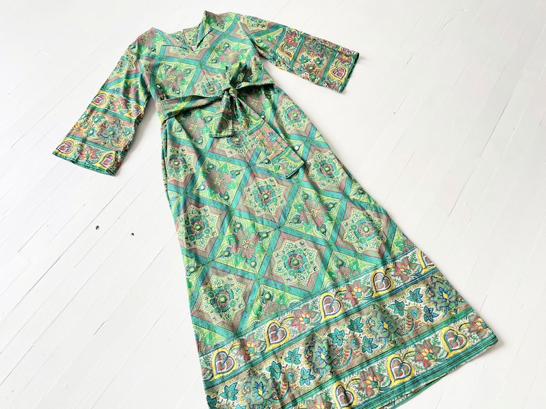 1970s Ramona Rull Green Printed Caftan Dress with Embellished Mirrors image 1