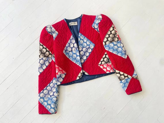 1980s Patchwork Quilted Cropped Jacket – Geometri… - image 1