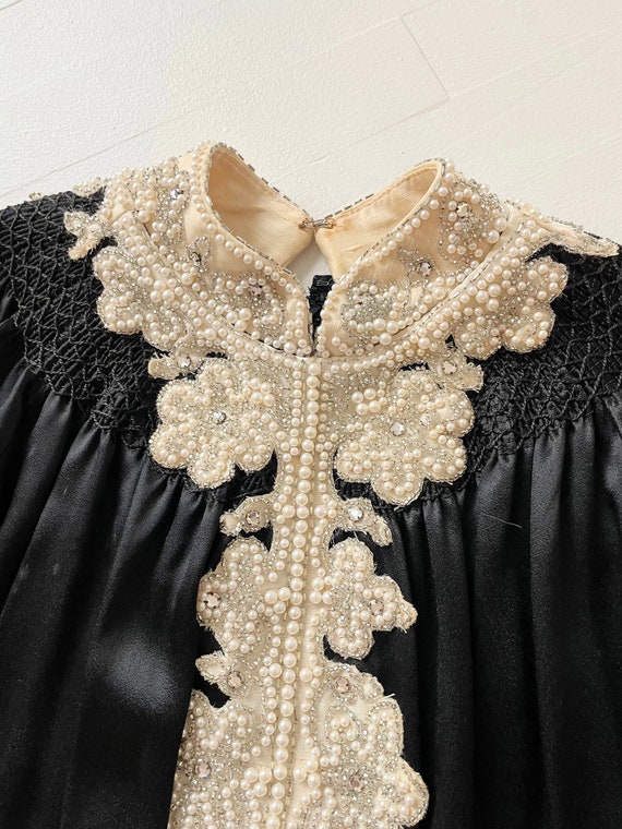 1970s Embellished Black Satin Dress with Balloon … - image 2