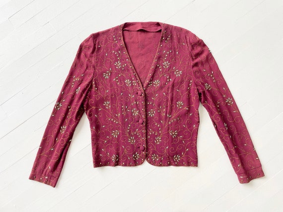 1930s Cranberry Red Studded Jacket – Rayon Crepe Blazer with Floral Motif XS/S