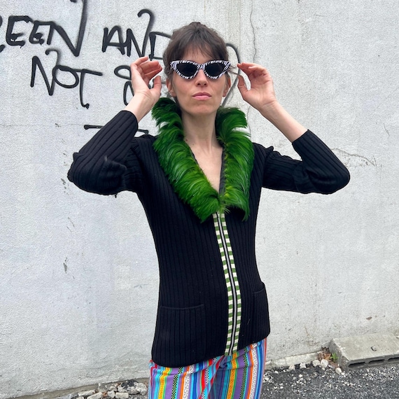 Jean Paul Gaultier Feather Collar Cardigan – Black Ribbed