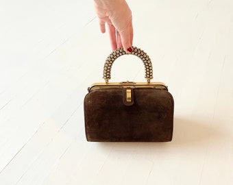 1960s Brown Suede Bag with Gold Textured Top Handle